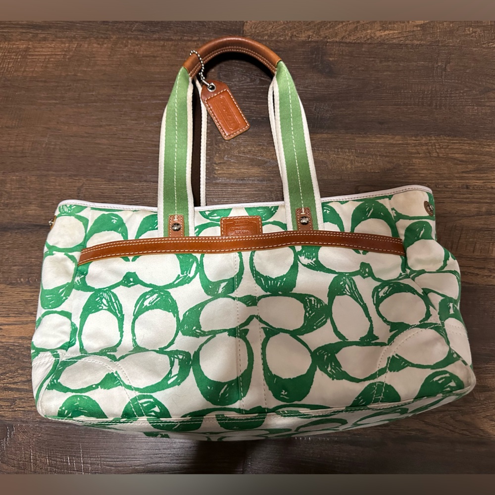 Vintage Coach- Green White Brown Leather Trim- C Scribble Logo